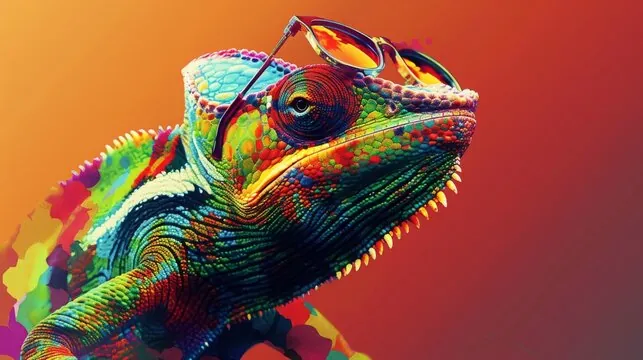 A colourful chameleon wearing sunglasses